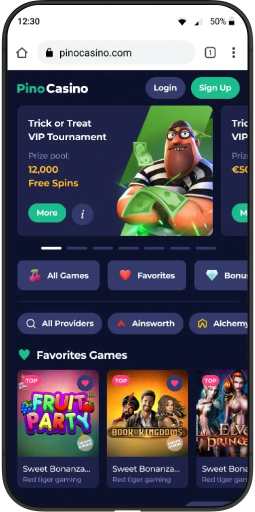 PinoCasino mobile casino open in Chrome on Android